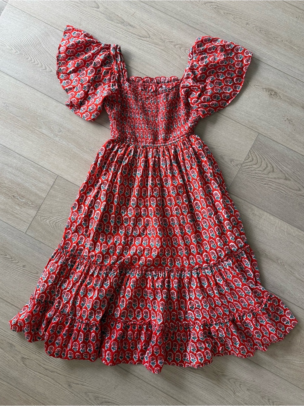 Pink City Prints Red Smocked Puff-Sleeve Dress size small